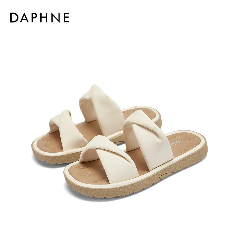 DAPHNE Rubber Sole Leather Patchwork Quiet Slide Slippers Women's-4