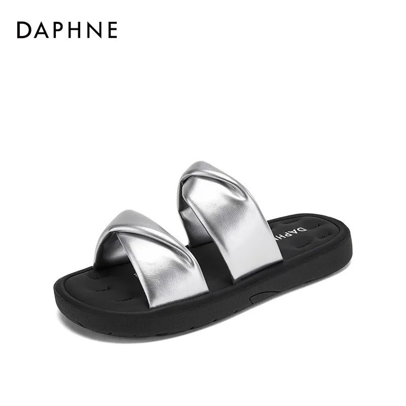 DAPHNE Rubber Sole Leather Patchwork Quiet Slide Slippers Women's-6