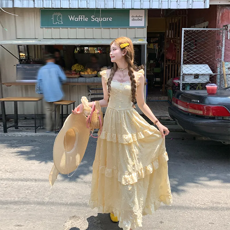 ACAINES Slip Dresses Women's Light Yellow-6