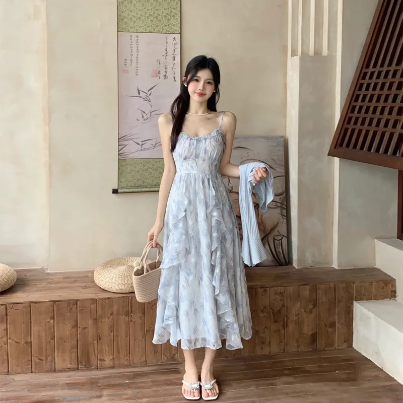ACAINES Skirt Set Women's Blue Floral Two Piece Set-2