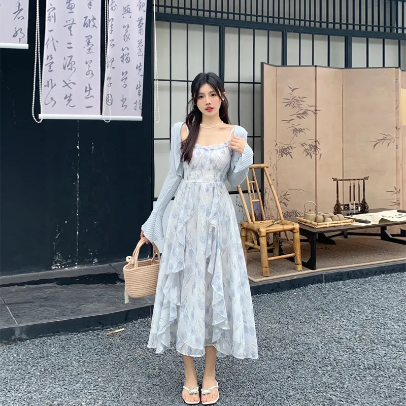 ACAINES Skirt Set Women's Blue Floral Two Piece Set-5