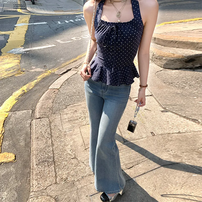 ACAINES Tank Top Women's Navy Blue Polka Dot-3