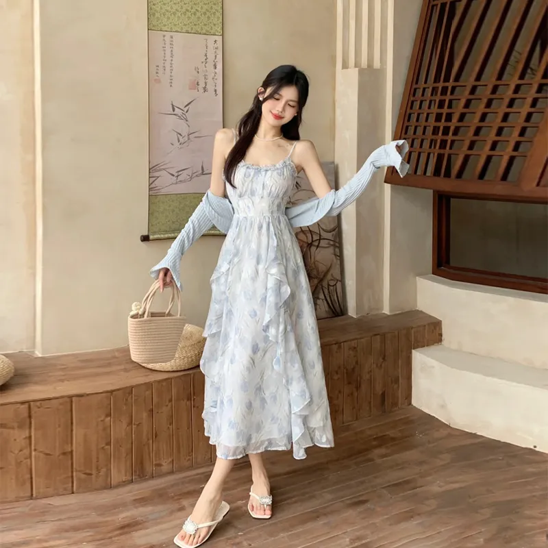 ACAINES Skirt Set Women's Blue Floral Two Piece Set-3