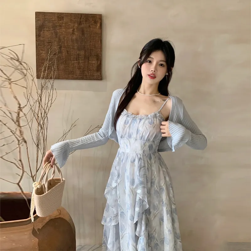 ACAINES Skirt Set Women's Blue Floral Two Piece Set-4