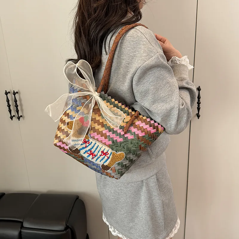 BAODIDAISHU Woven Handheld Basket Bag One Shoulder Handbag Regular Women's Multicolor-13