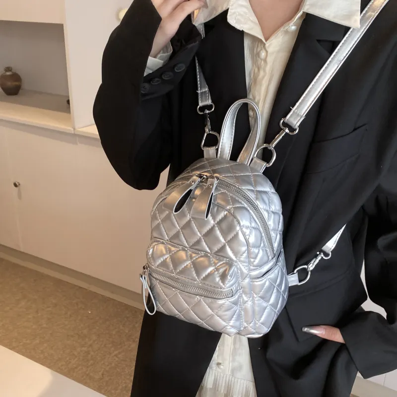 BAODIDAISHU PU Small Backpack Regular Women's White/Silver/Black-4