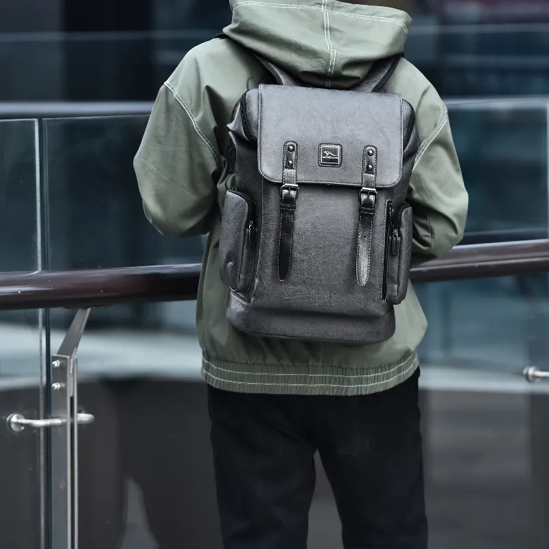 BAODIDAISHU PU Backpack Portable Large Size Men's Gray, Black-4