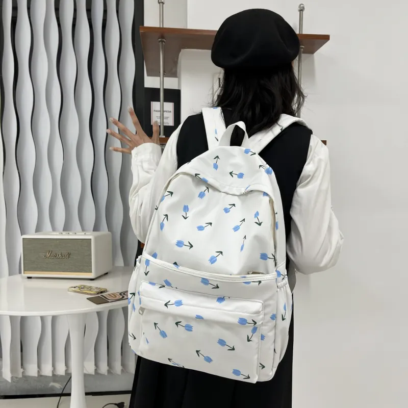 BAODIDAISHU Canvas Backpack Regular Women's Ivory/Pink/Light Blue-9