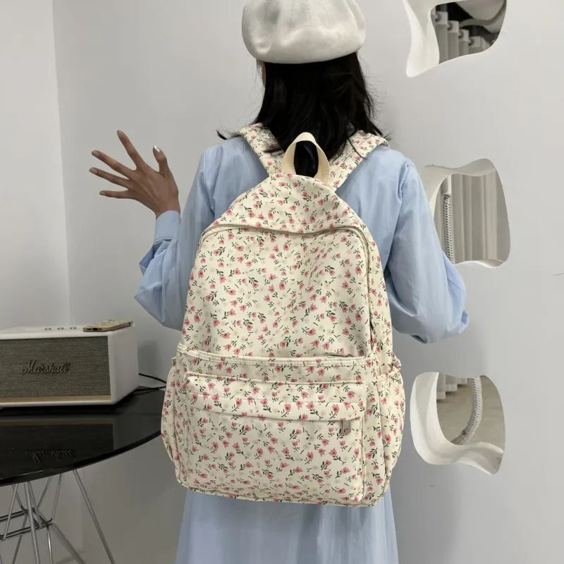 BAODIDAISHU Canvas Backpack Regular Women's Ivory/Pink/Light Blue-6