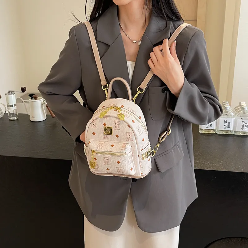 BAODIDAISHU Pu Small Backpack Small Size Women's Ecru/Pink/Brown-6