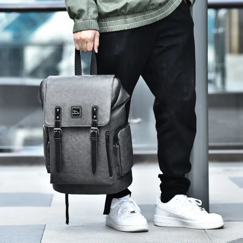 BAODIDAISHU PU Backpack Portable Large Size Men's Gray, Black-1