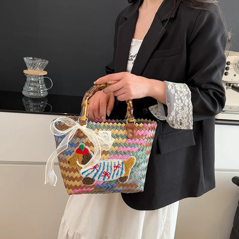 BAODIDAISHU Woven Handheld Basket Bag One Shoulder Handbag Regular Women's Multicolor-9