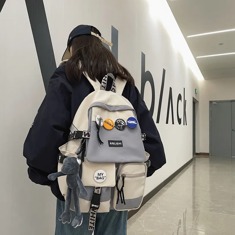 BAODIDAISHU Nylon Backpack Regular Unisex Gray & White/Pure Black/Blue & White//Black & White-1