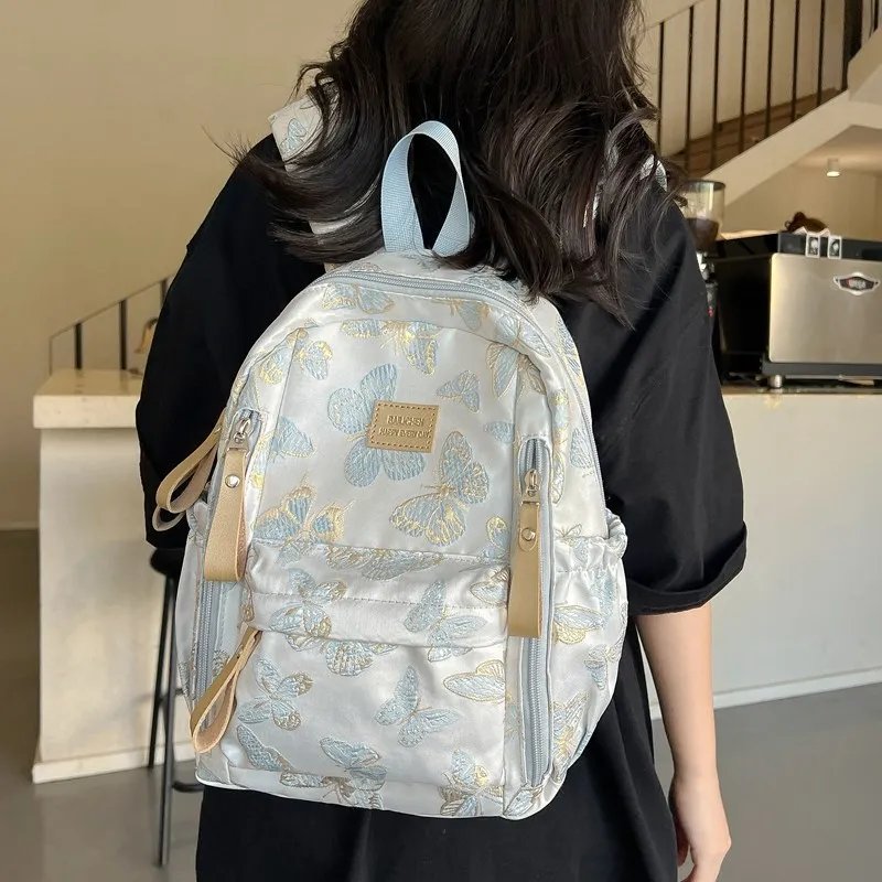 BAODIDAISHU Composite Cloth Backpack Small Backpack Medium Size Women's Light Blue/Black/Pink/Silver-2