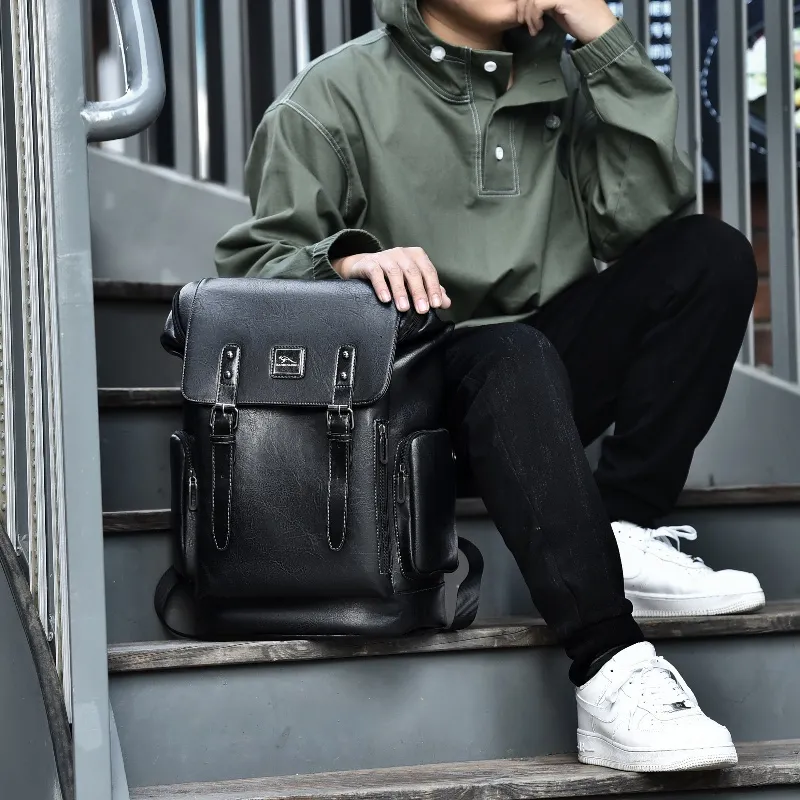 BAODIDAISHU PU Backpack Portable Large Size Men's Gray, Black-9