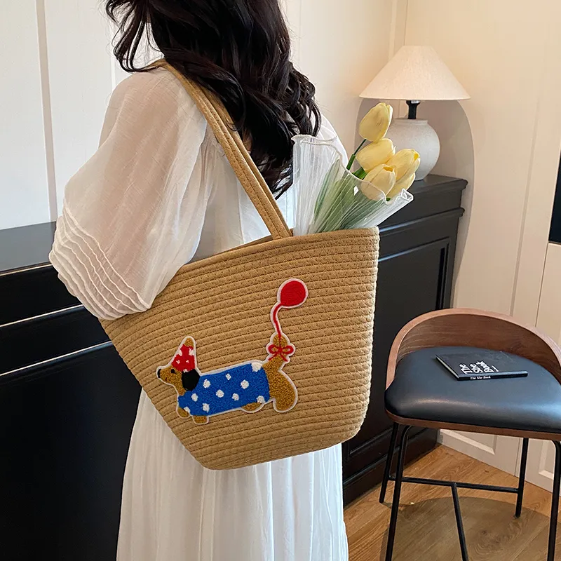 BAODIDAISHU Knit Basket Bag Shoulder Bag Women's Brown/White-5