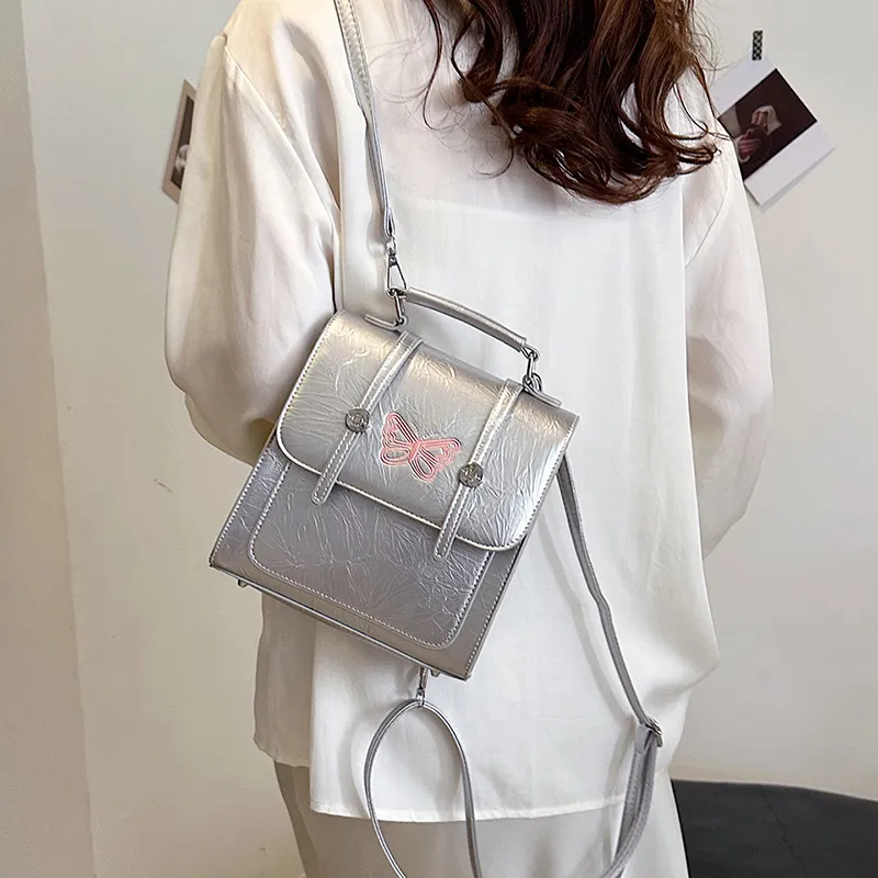 BAODIDAISHU PU Backpack, Cell Phone Pouch, Backpack, Travel, Portable Backpack Regular Women's White/Silver/Black-9