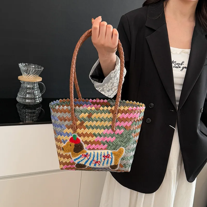 BAODIDAISHU Woven Handheld Basket Bag One Shoulder Handbag Regular Women's Multicolor-18