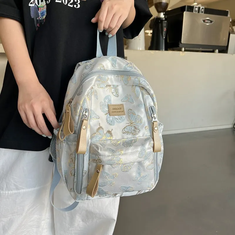 BAODIDAISHU Composite Cloth Backpack Small Backpack Medium Size Women's Light Blue/Black/Pink/Silver-4