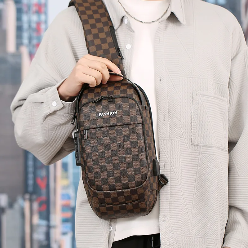 BAODIDAISHU Pu Cell Phone Pouch Shoulder Bag Crossbody Bag Sling Bag Regular Men's Gray Black Plaid Brown Black Plaid-14
