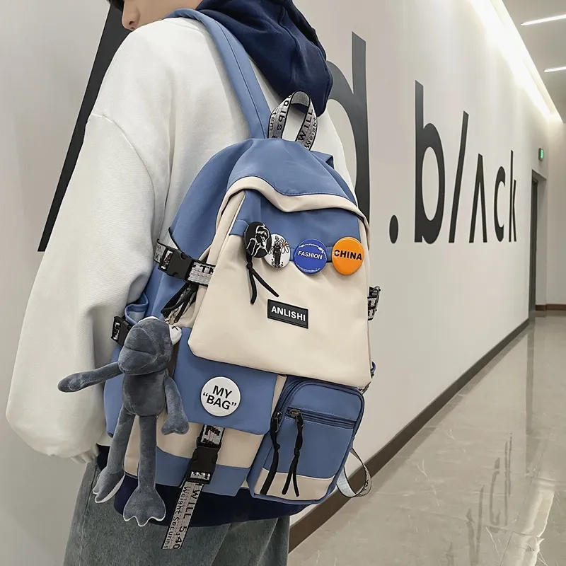 BAODIDAISHU Nylon Backpack Regular Unisex Gray & White/Pure Black/Blue & White//Black & White-12