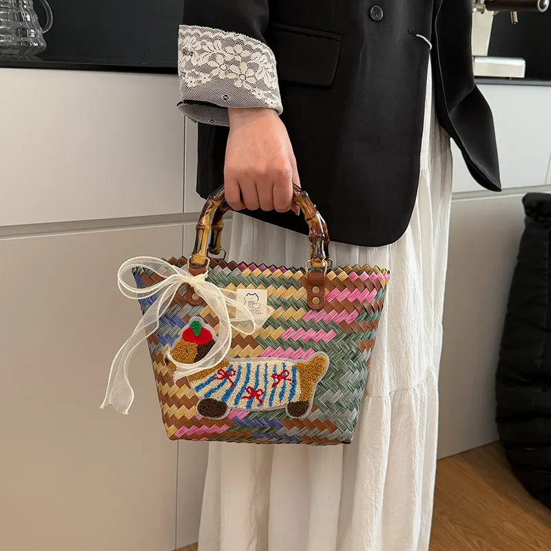 BAODIDAISHU Woven Handheld Basket Bag One Shoulder Handbag Regular Women's Multicolor-7