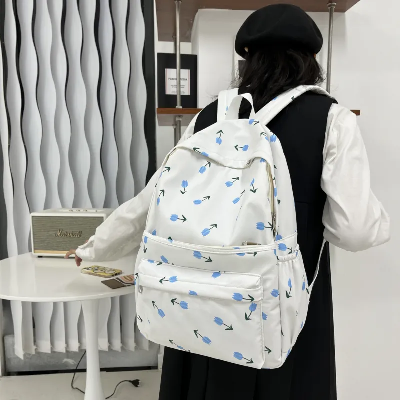 BAODIDAISHU Canvas Backpack Regular Women's Ivory/Pink/Light Blue-8