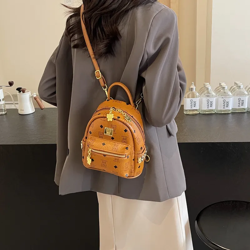BAODIDAISHU Pu Small Backpack Small Size Women's Ecru/Pink/Brown-15