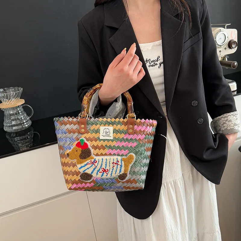 BAODIDAISHU Woven Handheld Basket Bag One Shoulder Handbag Regular Women's Multicolor-1