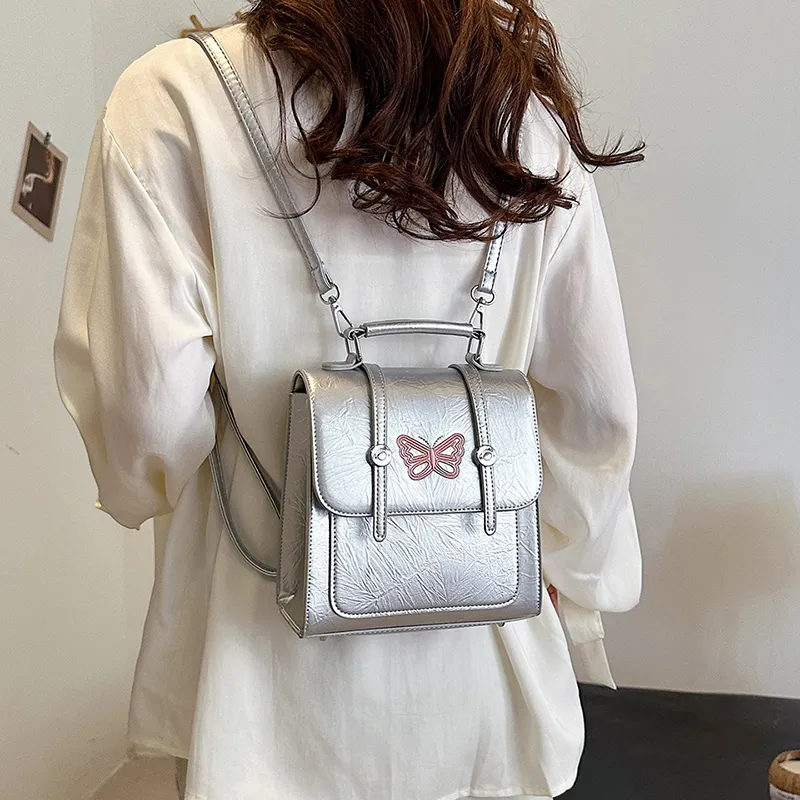 BAODIDAISHU PU Backpack, Cell Phone Pouch, Backpack, Travel, Portable Backpack Regular Women's White/Silver/Black-8