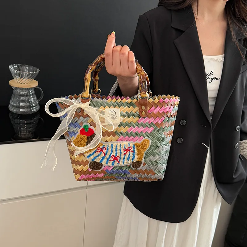 BAODIDAISHU Woven Handheld Basket Bag One Shoulder Handbag Regular Women's Multicolor-6