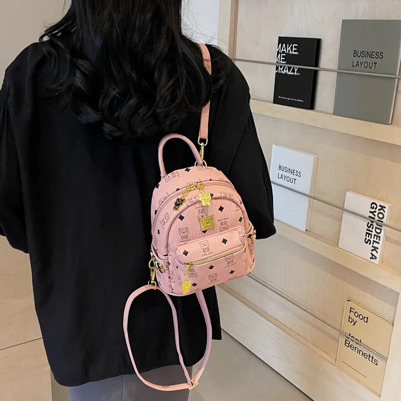 BAODIDAISHU Pu Small Backpack Small Size Women's Ecru/Pink/Brown-11