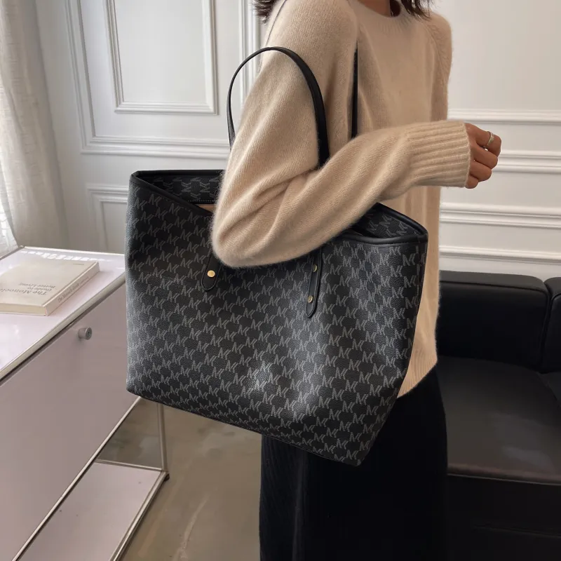 PULUWIRR Pu Korean Trendy College Tote Bag Multicolor Regular Women's Black/Coffee/Ecru-2