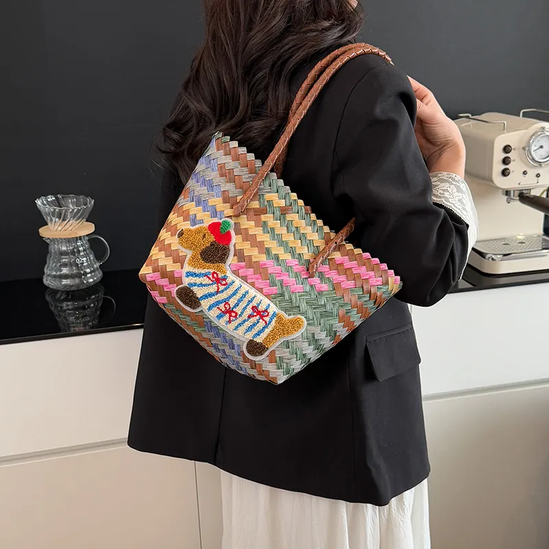 BAODIDAISHU Woven Handheld Basket Bag One Shoulder Handbag Regular Women's Multicolor-21