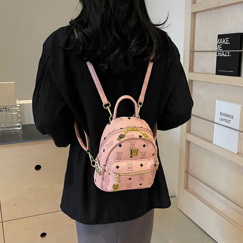 BAODIDAISHU Pu Small Backpack Small Size Women's Ecru/Pink/Brown-9