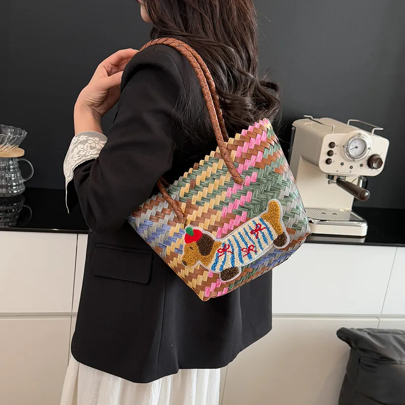 BAODIDAISHU Woven Handheld Basket Bag One Shoulder Handbag Regular Women's Multicolor-19