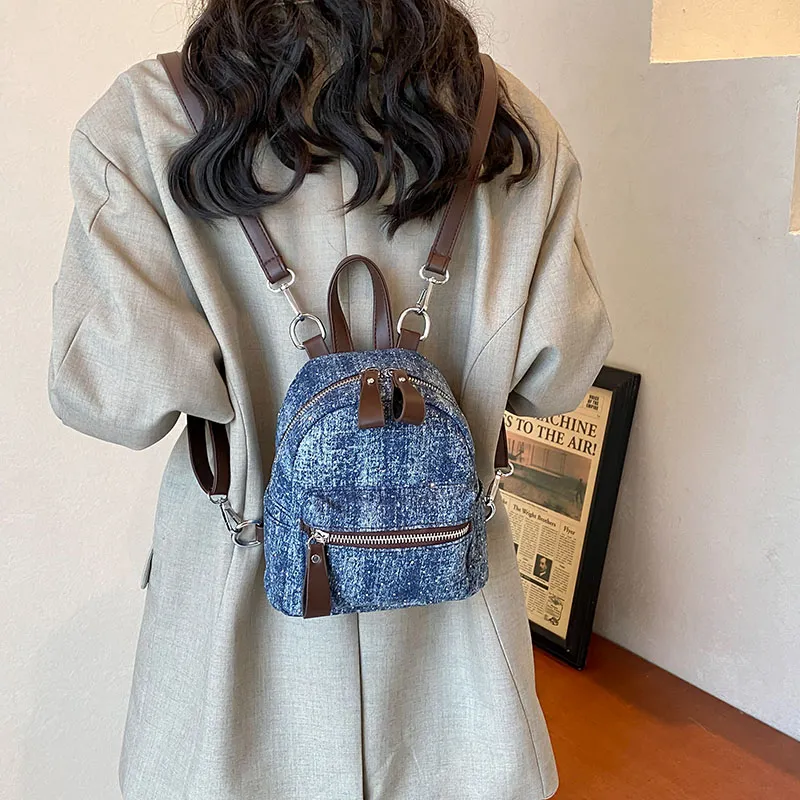 BAODIDAISHU Denim Backpack Women's Light Blue/Dark Blue/Brown-5