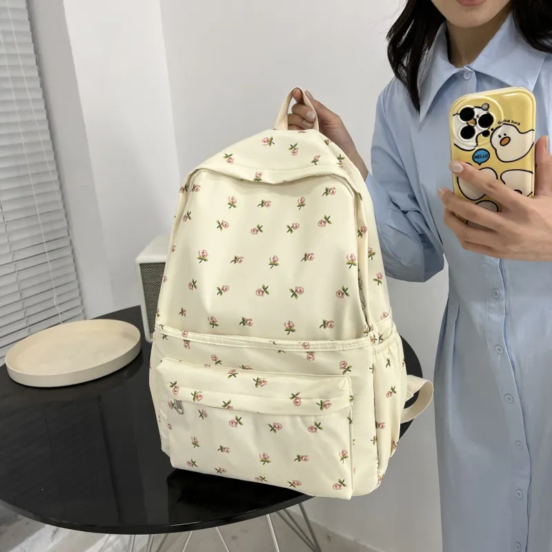 BAODIDAISHU Canvas Backpack Regular Women's Ivory/Pink/Light Blue-4