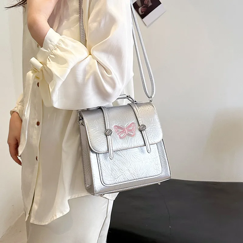 BAODIDAISHU PU Backpack, Cell Phone Pouch, Backpack, Travel, Portable Backpack Regular Women's White/Silver/Black-10