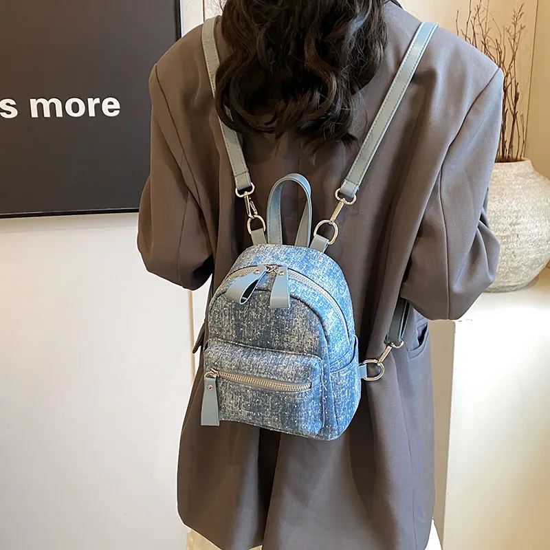 BAODIDAISHU Denim Backpack Women's Light Blue/Dark Blue/Brown-3