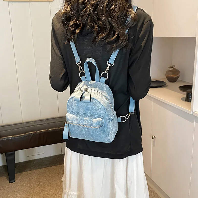 BAODIDAISHU Denim Backpack Women's Light Blue/Dark Blue/Brown-1