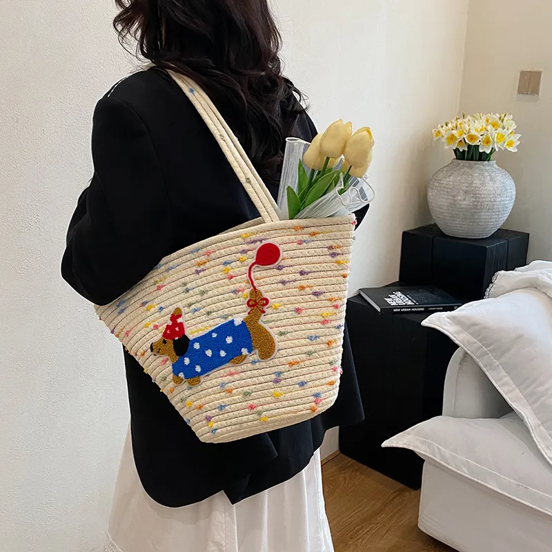 BAODIDAISHU Knit Basket Bag Shoulder Bag Women's Brown/White-12