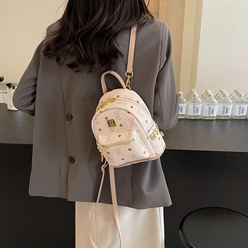 BAODIDAISHU Pu Small Backpack Small Size Women's Ecru/Pink/Brown-1