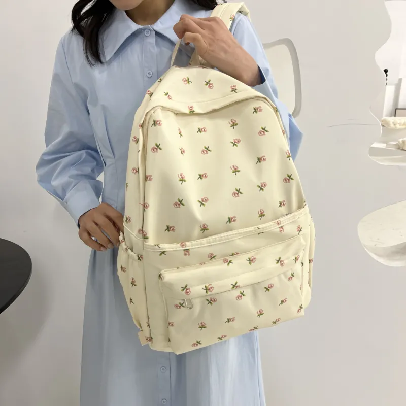BAODIDAISHU Canvas Backpack Regular Women's Ivory/Pink/Light Blue-3