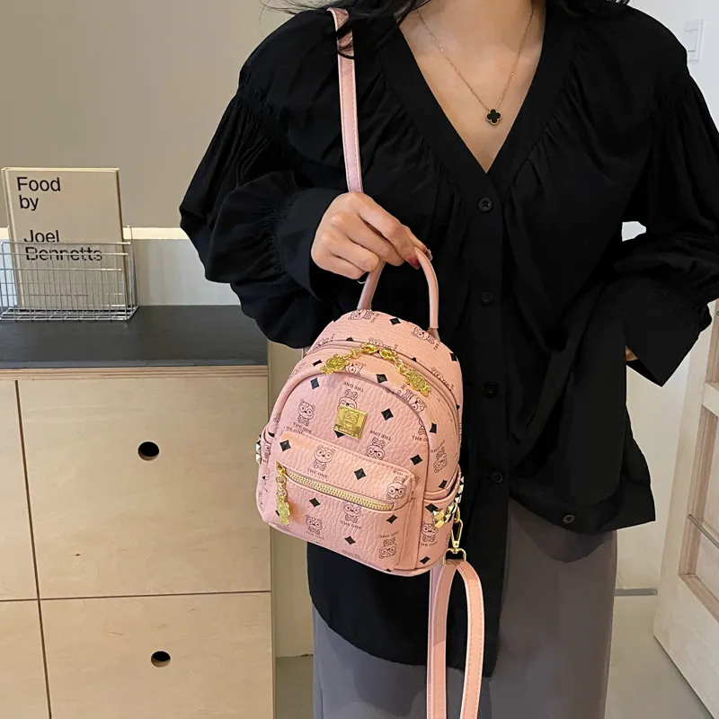 BAODIDAISHU Pu Small Backpack Small Size Women's Ecru/Pink/Brown-13