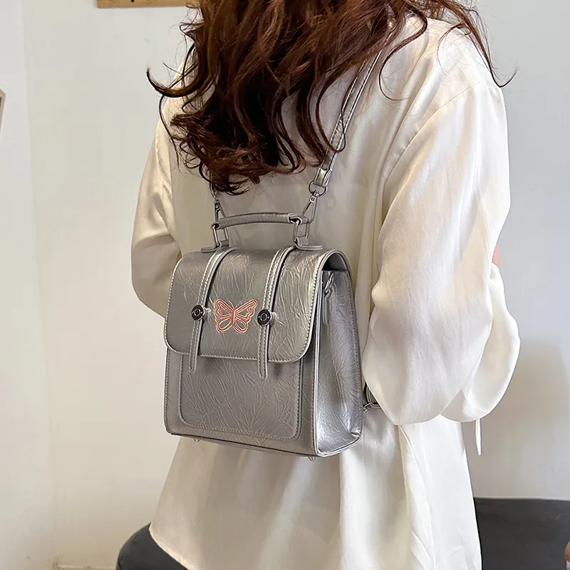 BAODIDAISHU PU Backpack, Cell Phone Pouch, Backpack, Travel, Portable Backpack Regular Women's White/Silver/Black-7