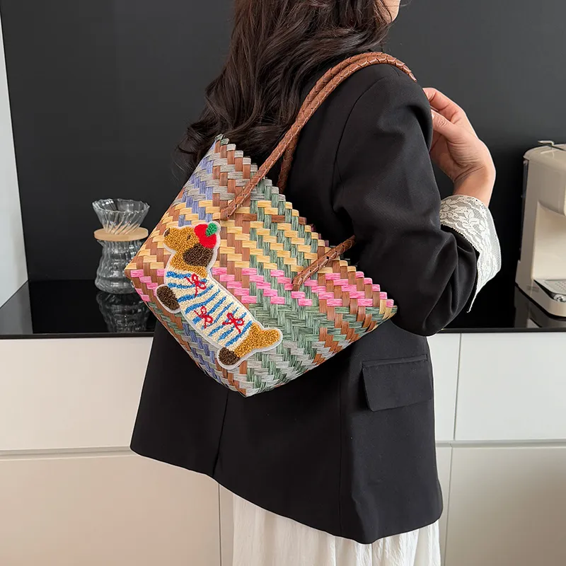 BAODIDAISHU Woven Handheld Basket Bag One Shoulder Handbag Regular Women's Multicolor-22