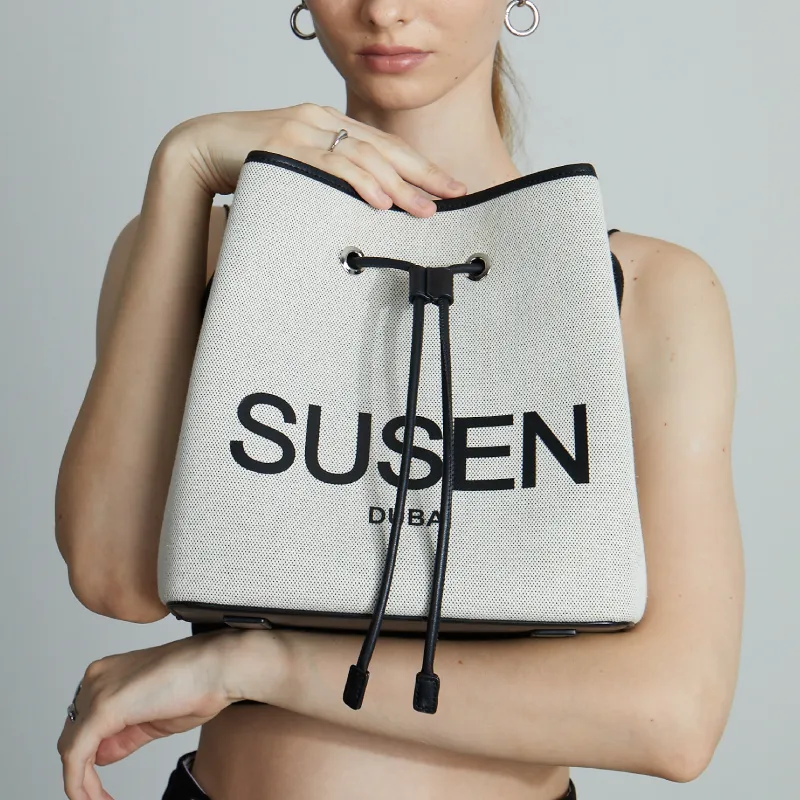 SUSEN Canvas Bucket Bag, One Shoulder Handbag Women's Gray-3