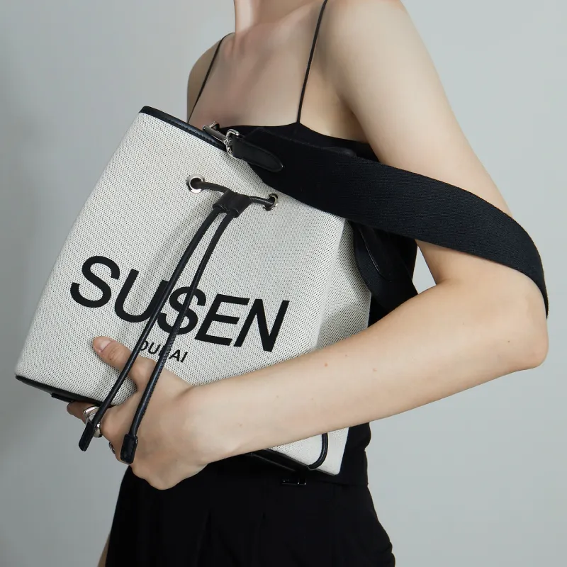 SUSEN Canvas Bucket Bag, One Shoulder Handbag Women's Gray-2