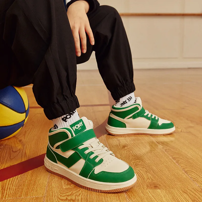 PONY Wear Resistant High Top Kids' Skateboarding Shoes Green White Kids'-9